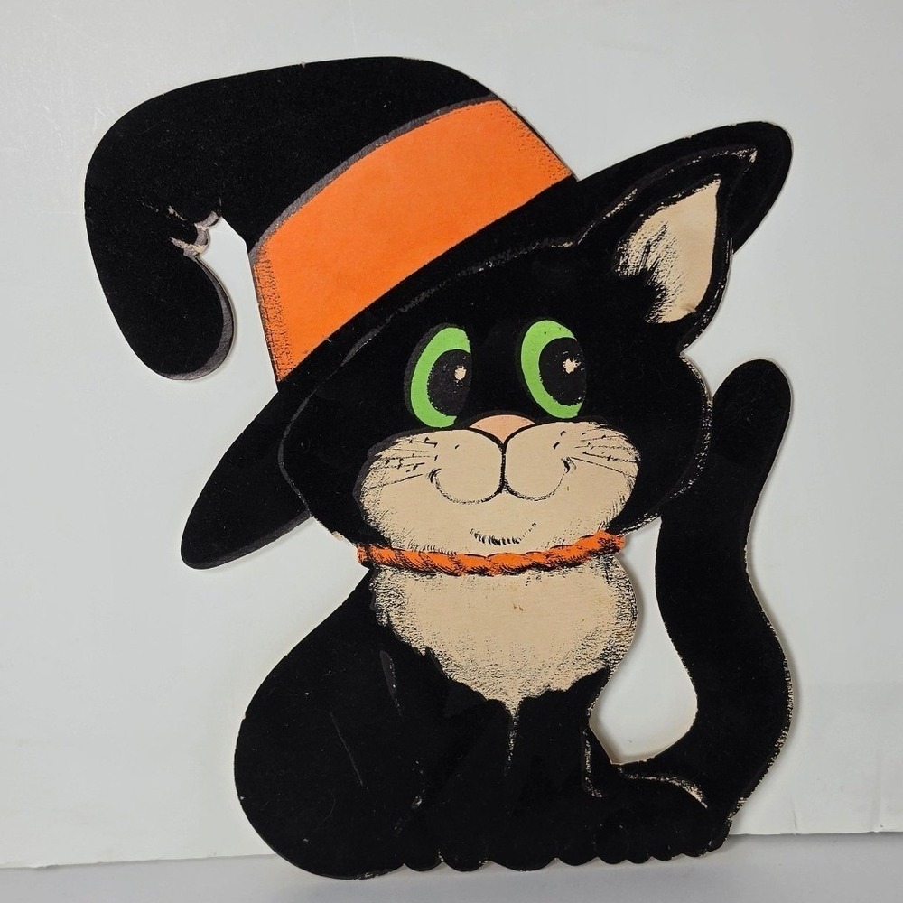 Vintage Halloween Black Cat Witch Hat Flocked Die Cut Wall Decor 8.5 Inch
